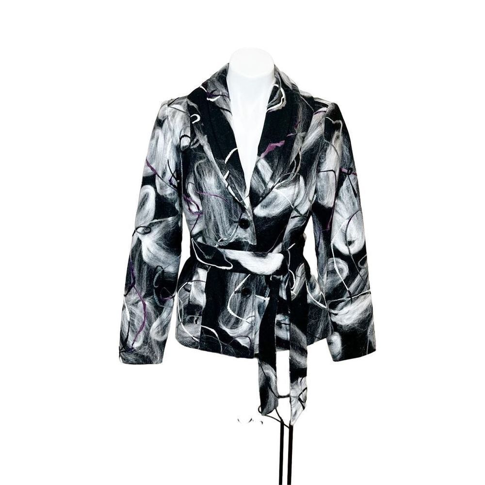 Lana Lee gray, black and purple wool blend belted coat